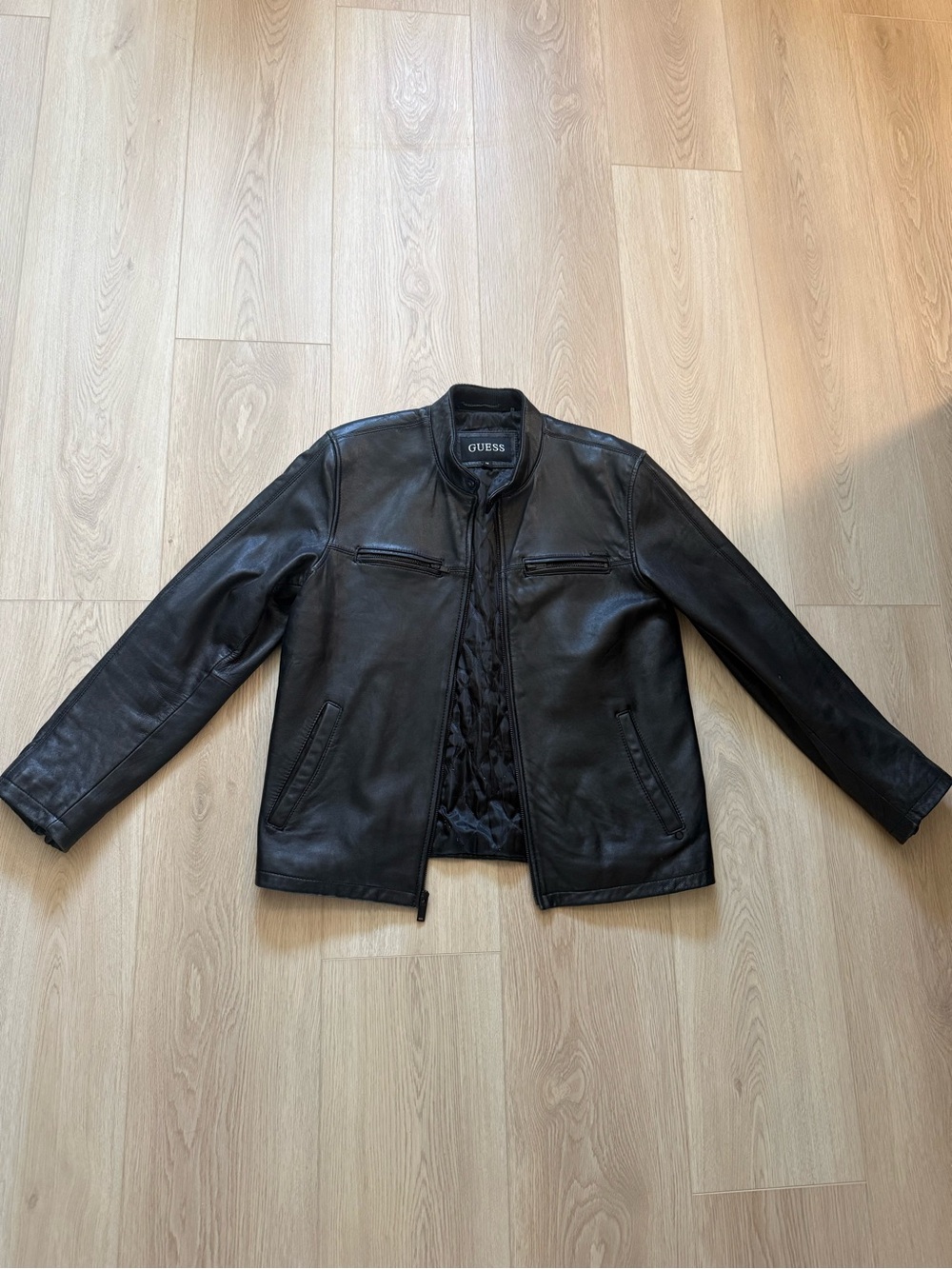 GUESS Mens Black Leather Bomber Jacket